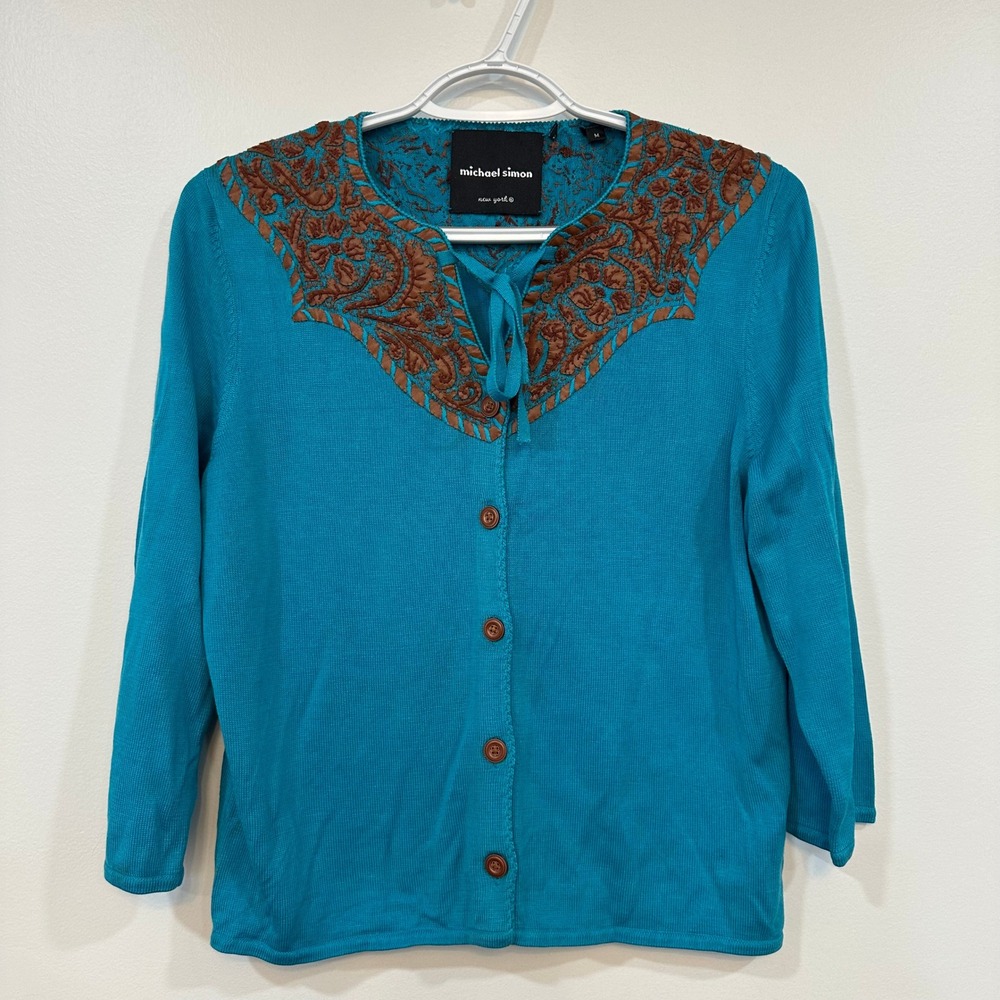 Michael Simon Womens Cardigan Sweater Medium Blue Leather Embroider Lace Button